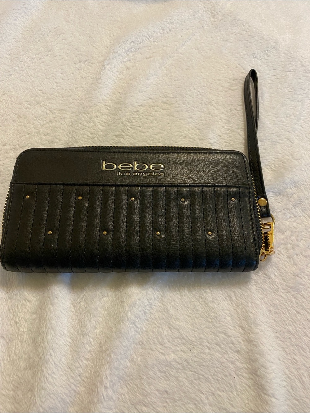 bebe Black Quilted Wristlet Wallet with Gold Accents